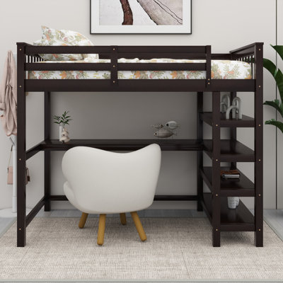 Solid Pine Wood Frame Loft Bed With Under-Bed Desk And Storage Shelves