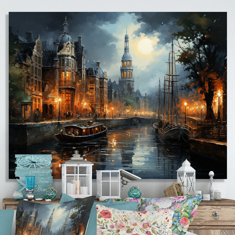 «Danemark Amsterdam Canal at Night I», reproduction sur toile, H 12 po x l 20 po x P 1 po, Toile tendue