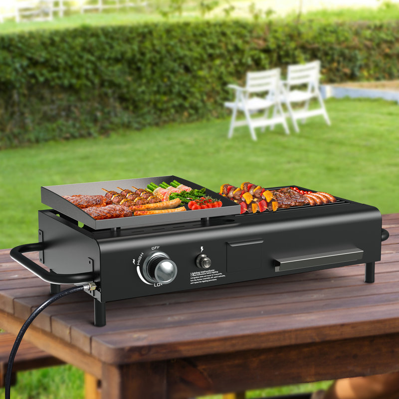 Plaque chauffante portative combinée au propane et au charbon de bois avec plaque chauffante, barbecue à plateau plat de 12 000 BTU avec poignées de transport, barbecue extérieur compact pour le camping