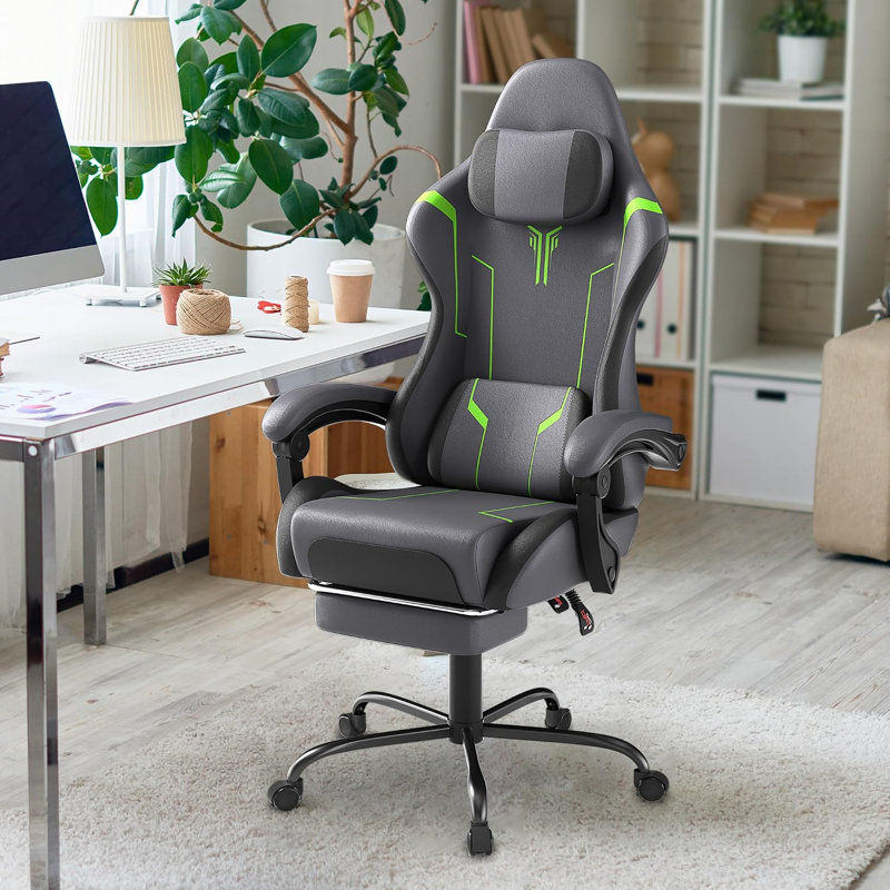 Rebrilliant Reclining and Adjustable Backrest-Height PC & Racing Game Chair, Grey&Green, PU fabric