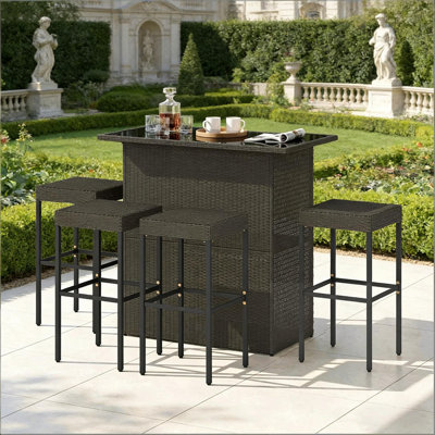 5 Piece Wicker Patio Bar Set With Glass Top Table And Shelves