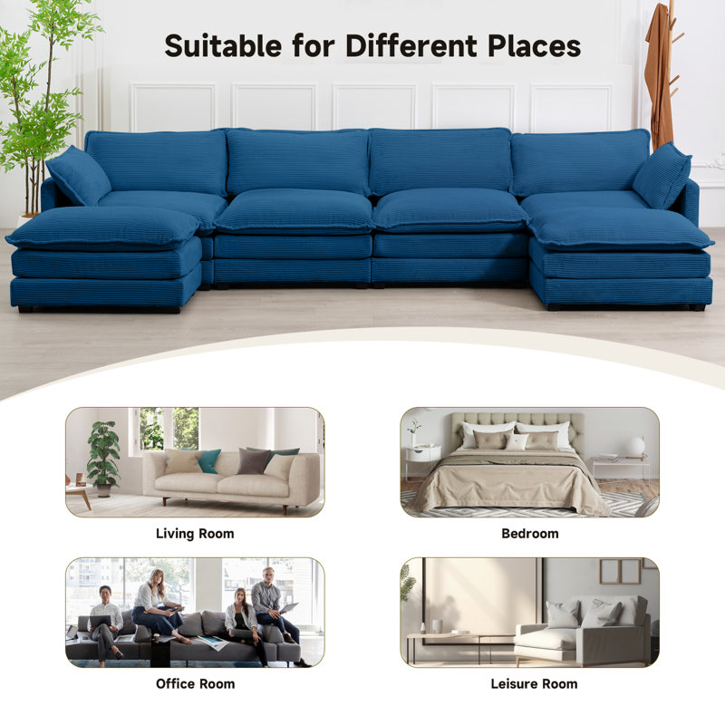 Redenius 6-Piece 148'' Upholstered U-Shape Sectional, Navy Corduroy
