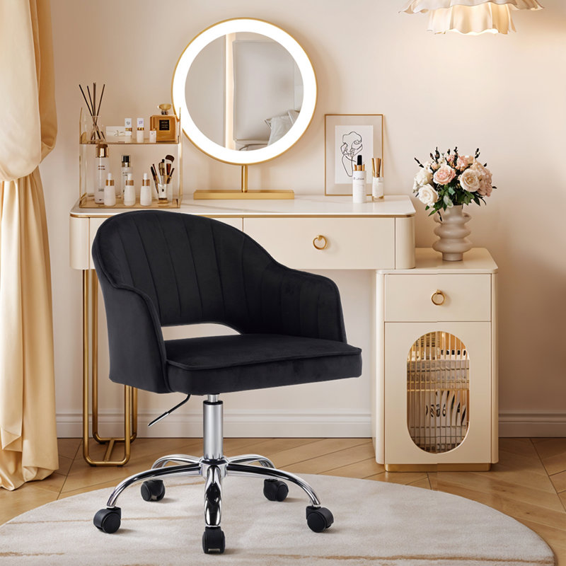 21''W Modern Swivel Velvet Upholstered Office Chair with Armrests, Black