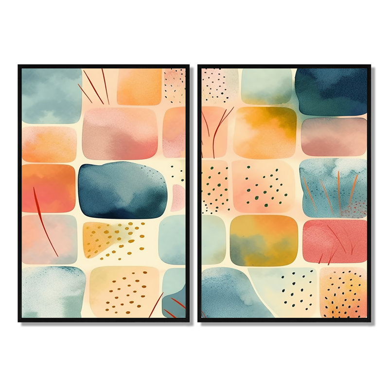 Motif orange amusant de formes III - art mural orange 2 pièces, Impression encadrée flottante, 36'' H x 48'' W, Black
