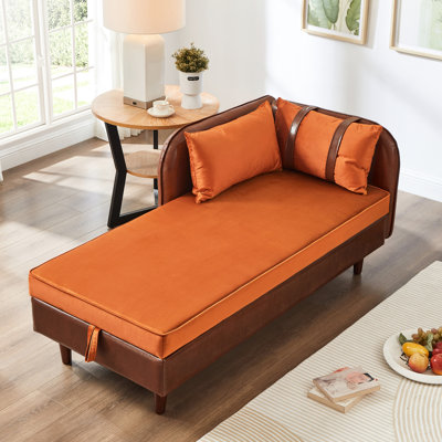 65" Chaise With Storage, Brown Leather And Orange Velvet, Soft Sponge Cushions, Easy To Up, Four Color Choices 65 - Inch Chaise, Pu + Stable Frame, Scientifically Designed , Storage Space