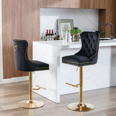 Furniture, tabourets de bar pivotants en velours doré épais d'une hauteur de siège réglable de 27 à 35 pouces, tabourets de bar rembourrés modernes avec dossier capitonné confortable pour un pub à la maison et un îlot de cuisine