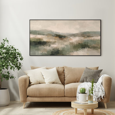 Extra Large Wall Art Fabric Print - Soft Sage and Beige Abstract Mountain Landscape Reflection for Living Room or Bedroom - "Frame Assembly Required (Unfinished Frame)"