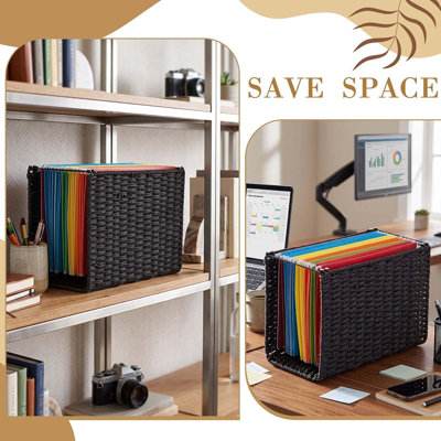 Porte-documents suspendu en corde de papier avec poignée ， Organisateur de dossiers décoratifs de format lettre Boîte tissée organisateur Boîte de rangement de documents portable pour décor de bureau ， 1 pièce