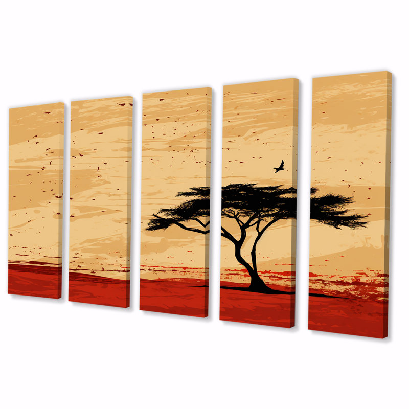 «African Tree Harmony I» - Ensemble de 5 décorations murales arbre africain, H 28 po x l 60 po