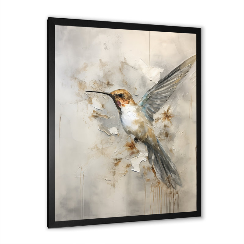 Colibri floral flottant II - Art mural colibri, H 44 po x l 34 po x P 1,5 po, Cadre photo noir
