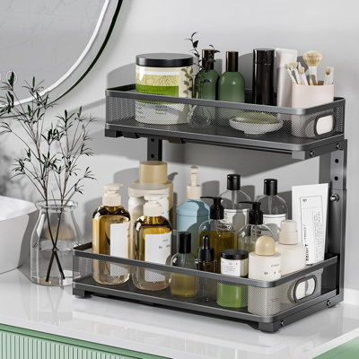 2-Tier Adjustable Under Sink Organizer, Pull-Out Metal Cabinet Storage Shelf