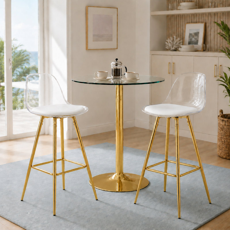 Modern Transparent Bar Stool with Upholstered Seat and Metal Legs, Gold