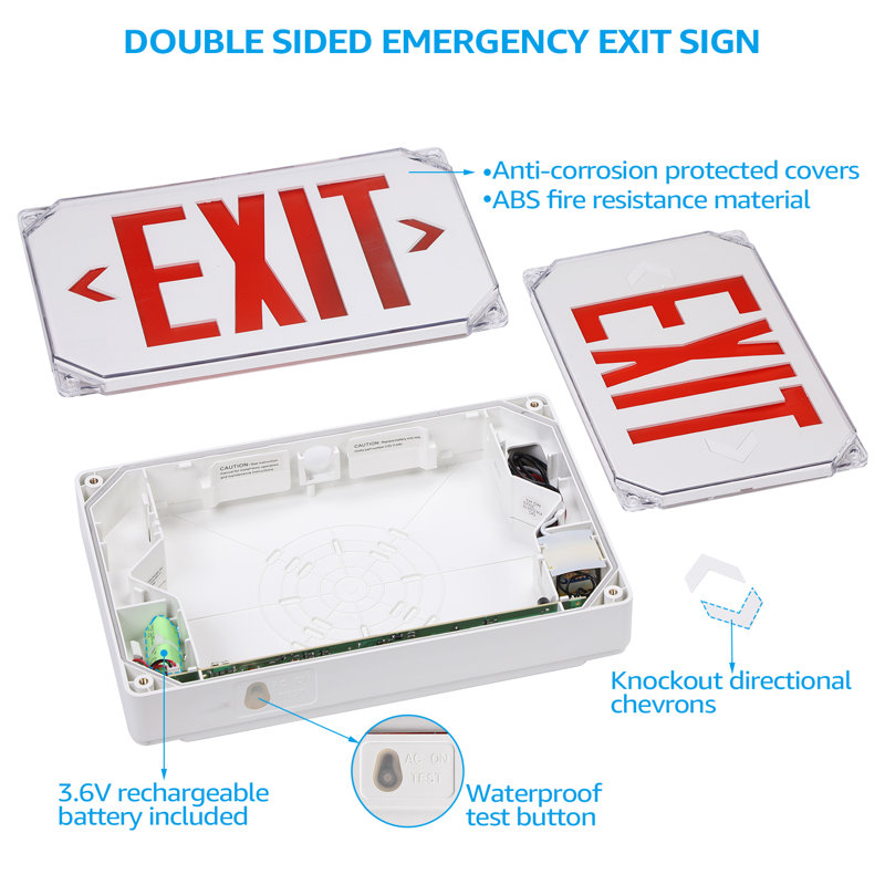LED Exit Sign with Battery Backup, UL Listed, Weatherproof Emergency Exit Light, AC 120/277V