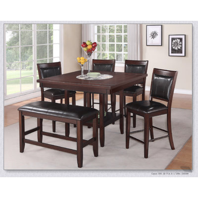 Ensemble de salle à manger 6 pièces à hauteur de comptoir de style campagne contemporain avec chaises paresseuses et similicuir, finition espresso brun foncé