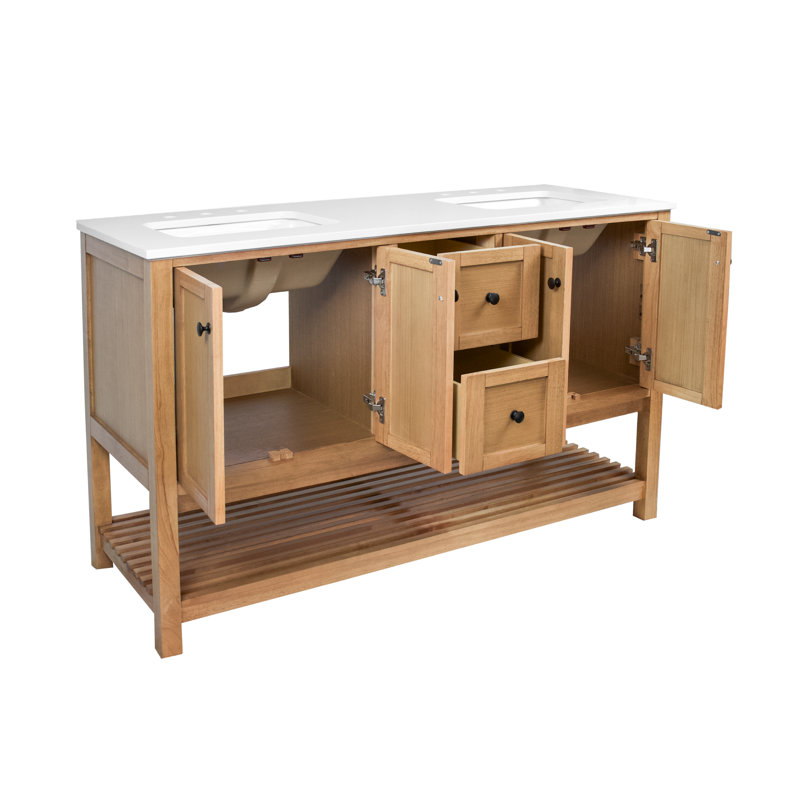 Binne 60'' Double Bathroom Vanity with Top, Engineered White, Blonde
