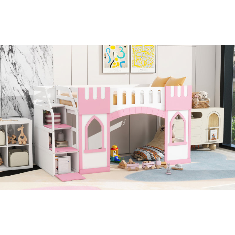 Lit mezzanine simple rose avec escalier de rangement et fenêtre captivante - Bois stable pratique, Rose