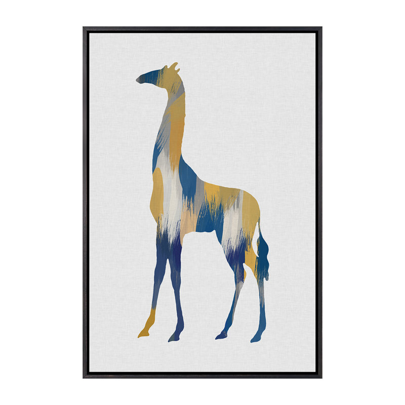 Girafe bleue et jaune - impression, H 26 po x l 18 po x 1,5 po, Toile avec cadre noir patiné