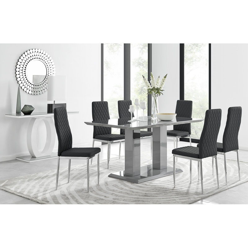 Edzard Double Pedestal High Gloss Dining Table Set with 6 Luxury Faux Leather Dining Chairs, Black/Silver