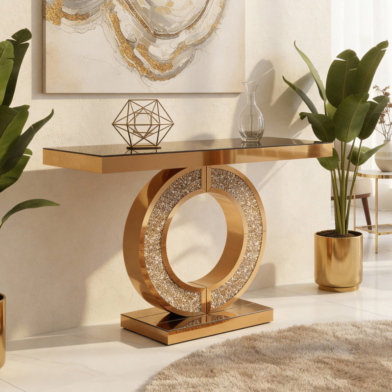 Console en miroir avec incrustation de diamant concassé, longue entrée modulable, base étroite en forme de 0, table d'appoint moderne