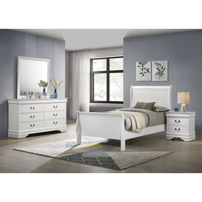 Ensemble de chambre à coucher 4 pièces, lit moderne de style Mid-Century, une table de chevet, une commode et un miroir de commode