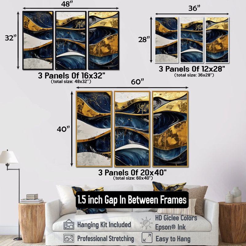 «Hard Edge», bleu et doré, jeu optique en spirale I - Décoration murale abstraite - 3 pièces, H 40 po x l 60 po, Noir