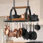 Grand support à casseroles suspendu naturel en bois massif naturel de 39 pouces avec 20 crochets noir mat-983303772
