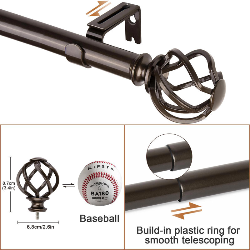 Aref Steel Adjustable 1'' Single Curtain Rod, Bronze, 32"-48"
