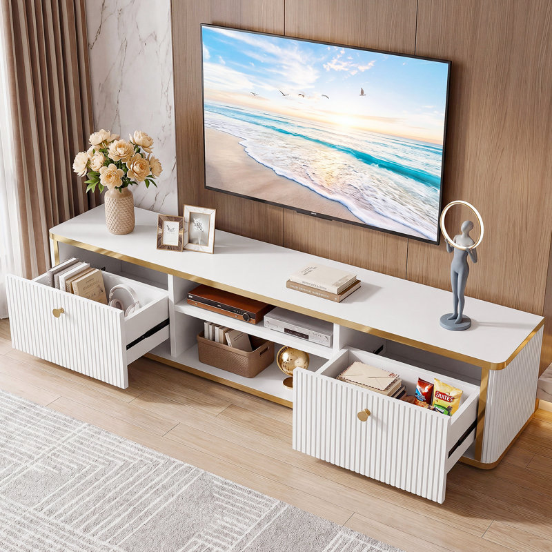 Meuble télé 55 po avec 2 tiroirs, centre de divertissement mural, meuble télé avec tablettes pour rangement sous la télé, style moderne, pour le salon, la chambre à coucher, blanc et or