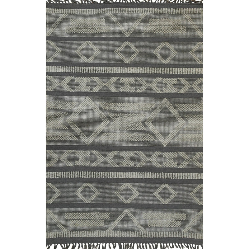 Gray Hand-Knotted Wool Diamond Banded Motif Geometric Modern Contemporary Carpet Rug, 5' x 7'6