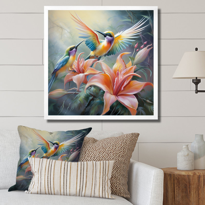 Fleurs tropicales avec un bel oiseau, Cadre simple blanc, H 36 po x l 36 po x P 1,5 po