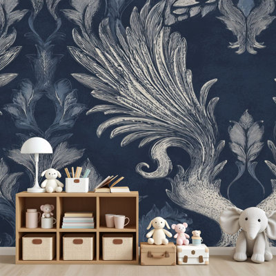 Papier peint adhésif décoratif à motif floral damassé baroque bleu marine et argenté H 69 po x l 96 po, papier peint amovible en PVC auto-adhésif pour chambre à coucher, bureau à domicile