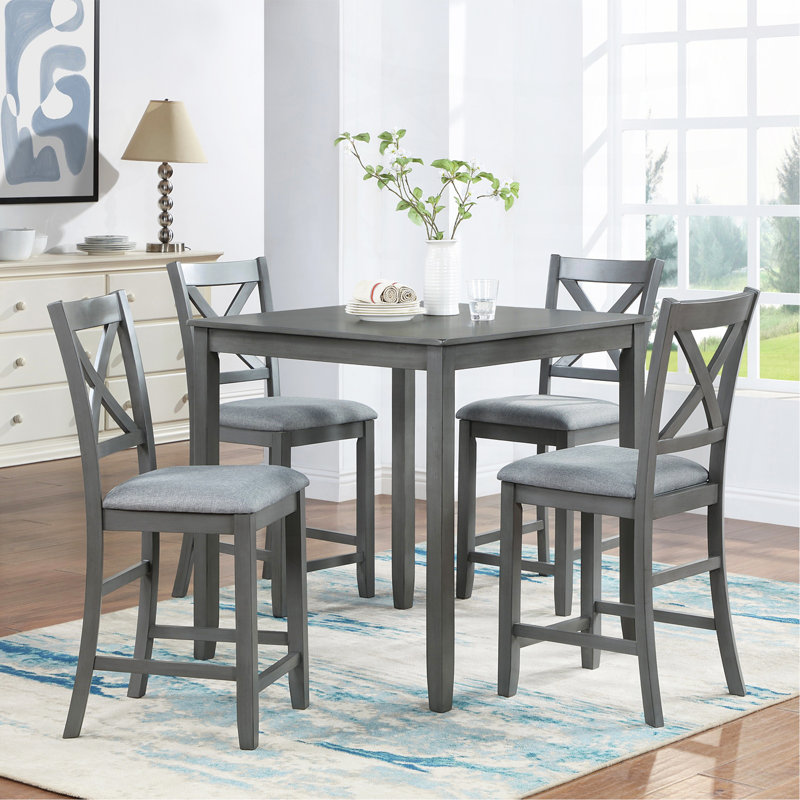 Ensemble de table de salle à manger 5 pièces, ensemble de table de salle à manger carrée en bois pour 4 personnes, ensemble de table de cuisine à hauteur de comptoir avec table carrée et 4 chaises rembourrées pour petit espace, gris