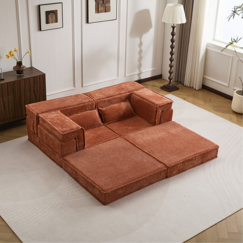 Canapé à compression Mahjong, canapé-lit convertible au sol, canapé modulaire modulaire désossé DIY, aucun assemblage requis, tissu polaire circulaire, causeuse moderne surdimensionnée, orange