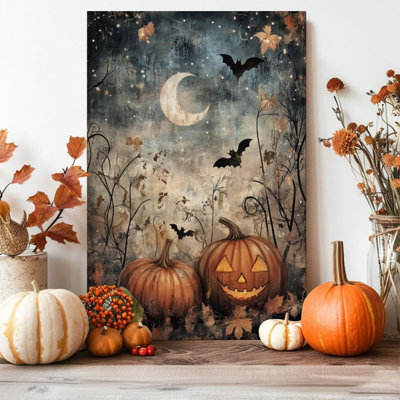 Framed Alvord Canvas Wall Art - Halloween Jack O Lanterns and Bats, Vintage Gothic Style - 24" x 36" for Living Room and Bedroom