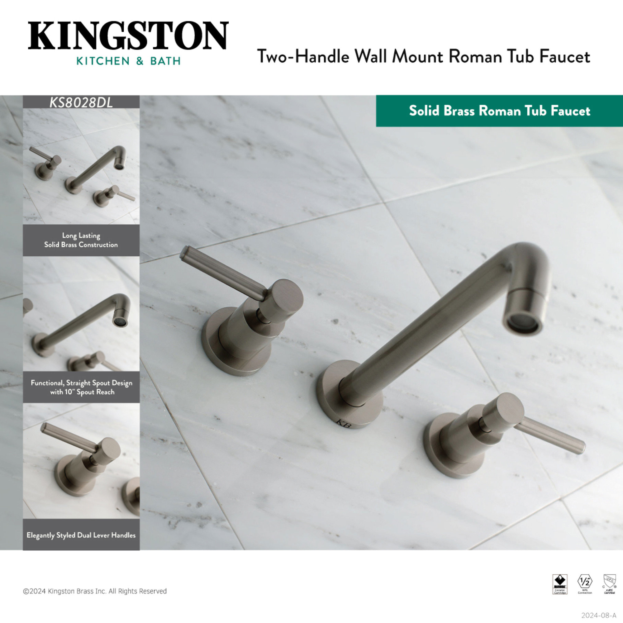 Kingston Brass Concord Two-Handle 3-Hole Wall Mount Roman Tub Faucet, Lever Handle, Brushed Brass