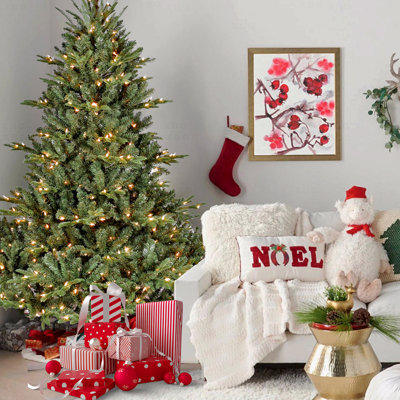 Arbre de Noël artificiel pré-éclairé 7 pi, 750 lumières UL, 2257 pointes de branches mixtes en PE / PVC, base large pour les espaces spacieux, structure à charnières, support en métal stable
