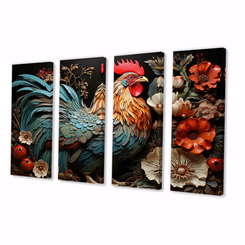 Ensemble de 4 décorations murales Modern Rooster Collage I - Chicken, H 28 po x l 48 po