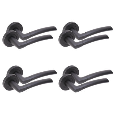  4 Pairs Indiana Style Modern Lever Latch Door Handles Set on Round Rose in Matt Black Finish