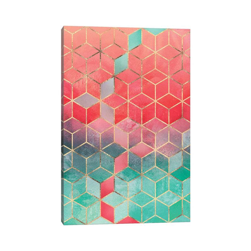 Rose & Turquoise Cubes, Rectangular by Elisabeth Fredriksson - Wrapped Canvas Print, 30.48 cm H x 45.72 cm W