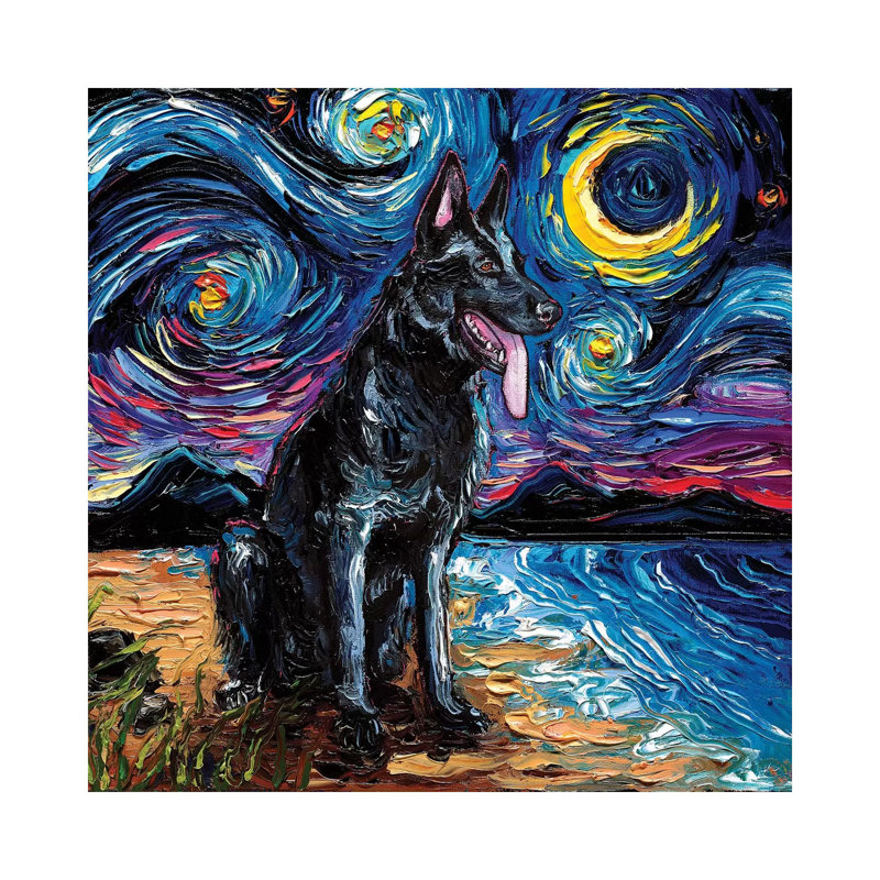 «Black German Shepherd Night» par Aja Treves - reproduction d'art, H 18 po x l 18 po x 1,5 po, Toile tendue, Pas de tapis