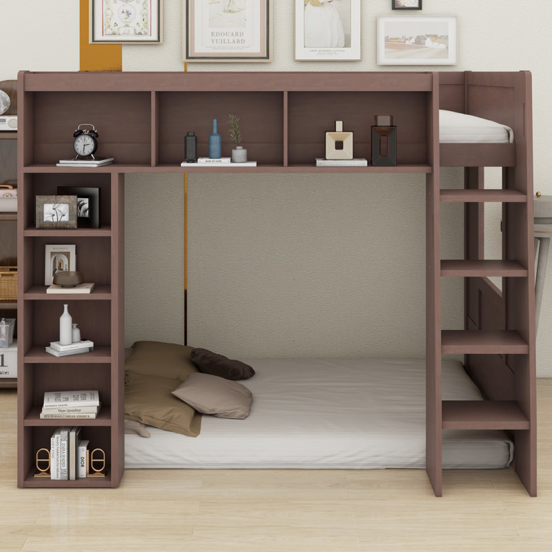 Lit mezzanine fonctionnel avec de nombreuses tablettes de rangement en bois, Brun