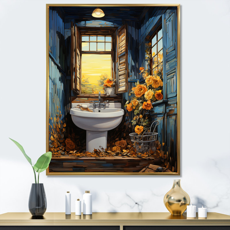 "Bathroom" sarcelle, reproduction d'art sur toile, Cadre flottant doré, H 32 po x l 24 po x P 1 po