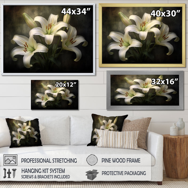 «Timeless Delight Of Elegant Beauty Lilies», reproduction sur toile, Cadre flottant doré, H 30 po x l 40 po x P 1,5 po