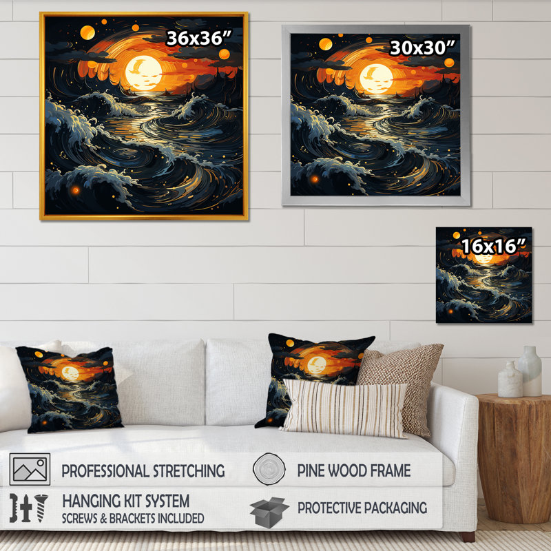 Starry Night Ocean Storm II - Classics, art mural, Cadre flottant doré, H 36 po x l 36 po x P 1,5 po