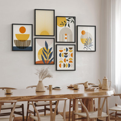 Art mural encadré, ensemble de galerie, formes géométriques et motifs de soleil levant sur terre chaude, illustrations modernes, décoratives et colorées pour le salon, la chambre à coucher, le bureau
