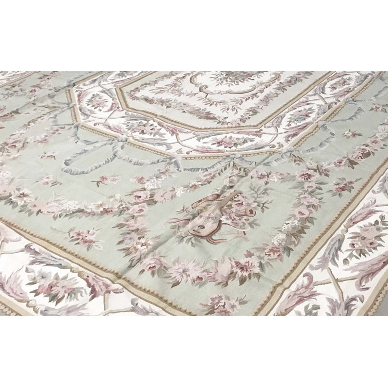 Hand-Knotted High-Quality Green and Ivory Area Rug