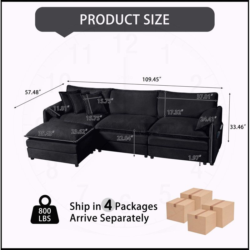 Canapé modulaire surdimensionné à assise profonde et modulaire avec repose-pieds mobile, Noir