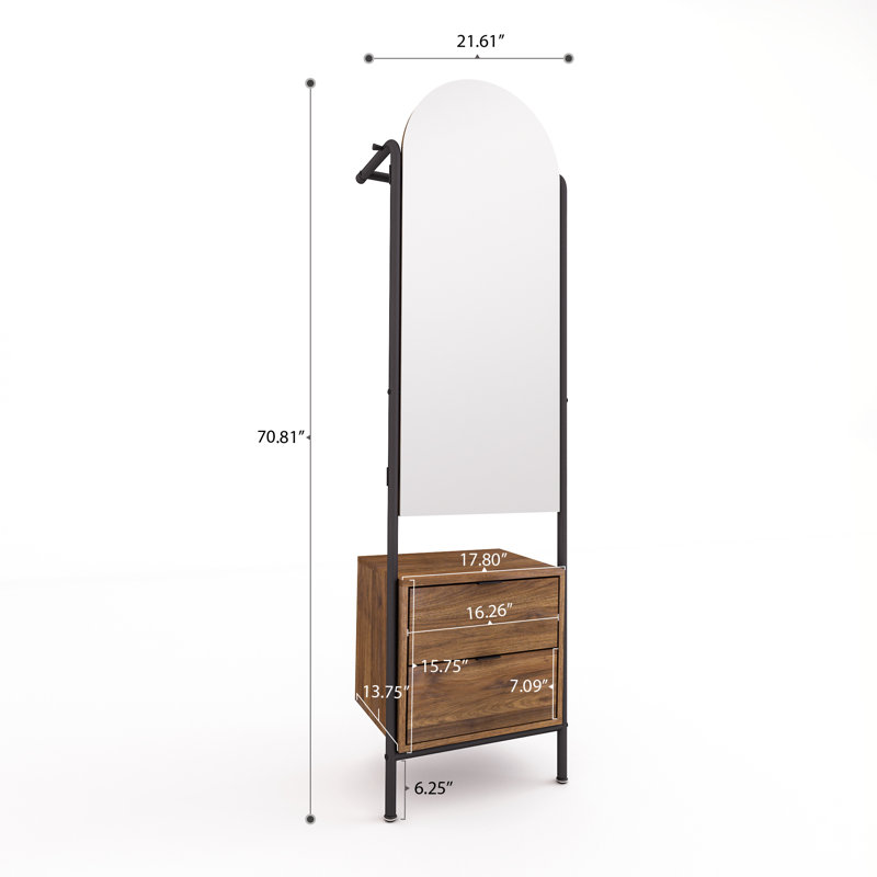 Arched Full-Length Mirror, 3-In-1 Hall Tree Freestanding Body Dressing Mirror Entryway Storage With 2 Drawers For Catchall, Organizer, Walnut