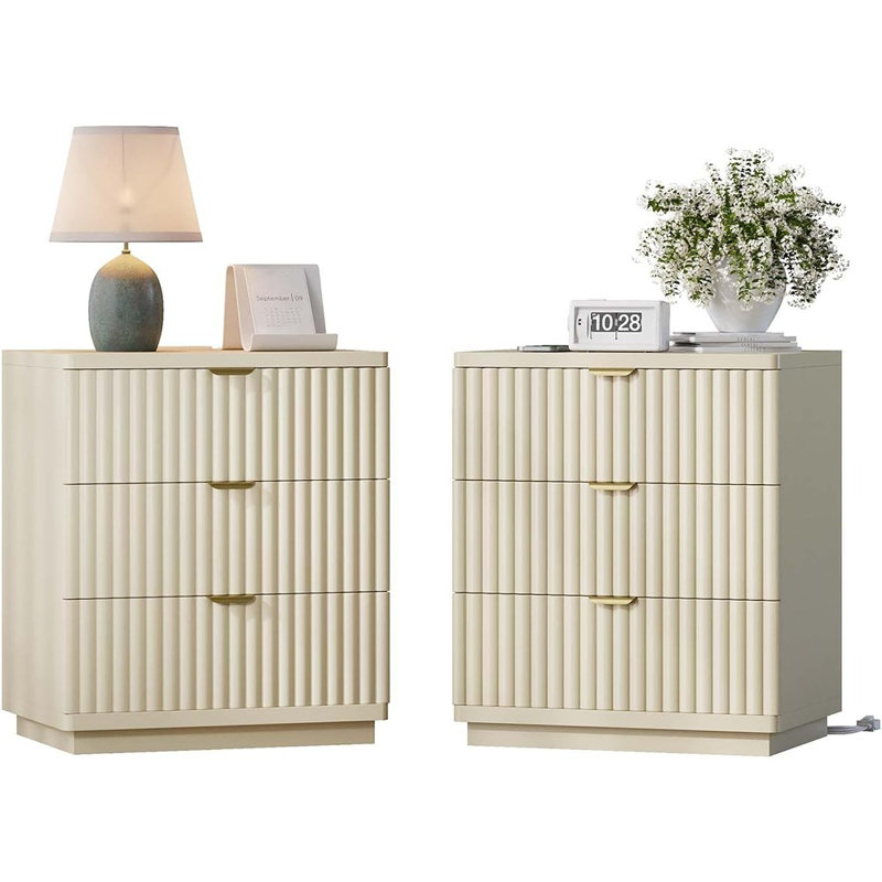 Table de chevet cannelée, ensemble de 2 - Tables de chevet modernes avec 3 tiroirs et station de charge [Beige] - [Bois / Moderne / Table de chevet]