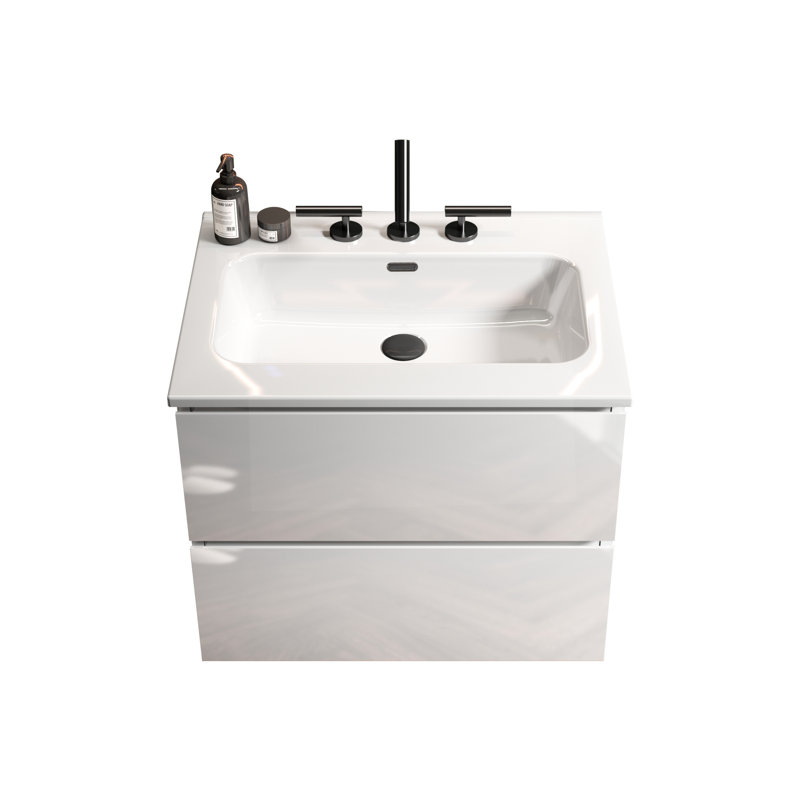 Lavabo de salle de bain en céramique - blanc brillant, 3 trous pré-percés, rehausse l'ambiance avec style en blanc pré-percé pour un nettoyage facile